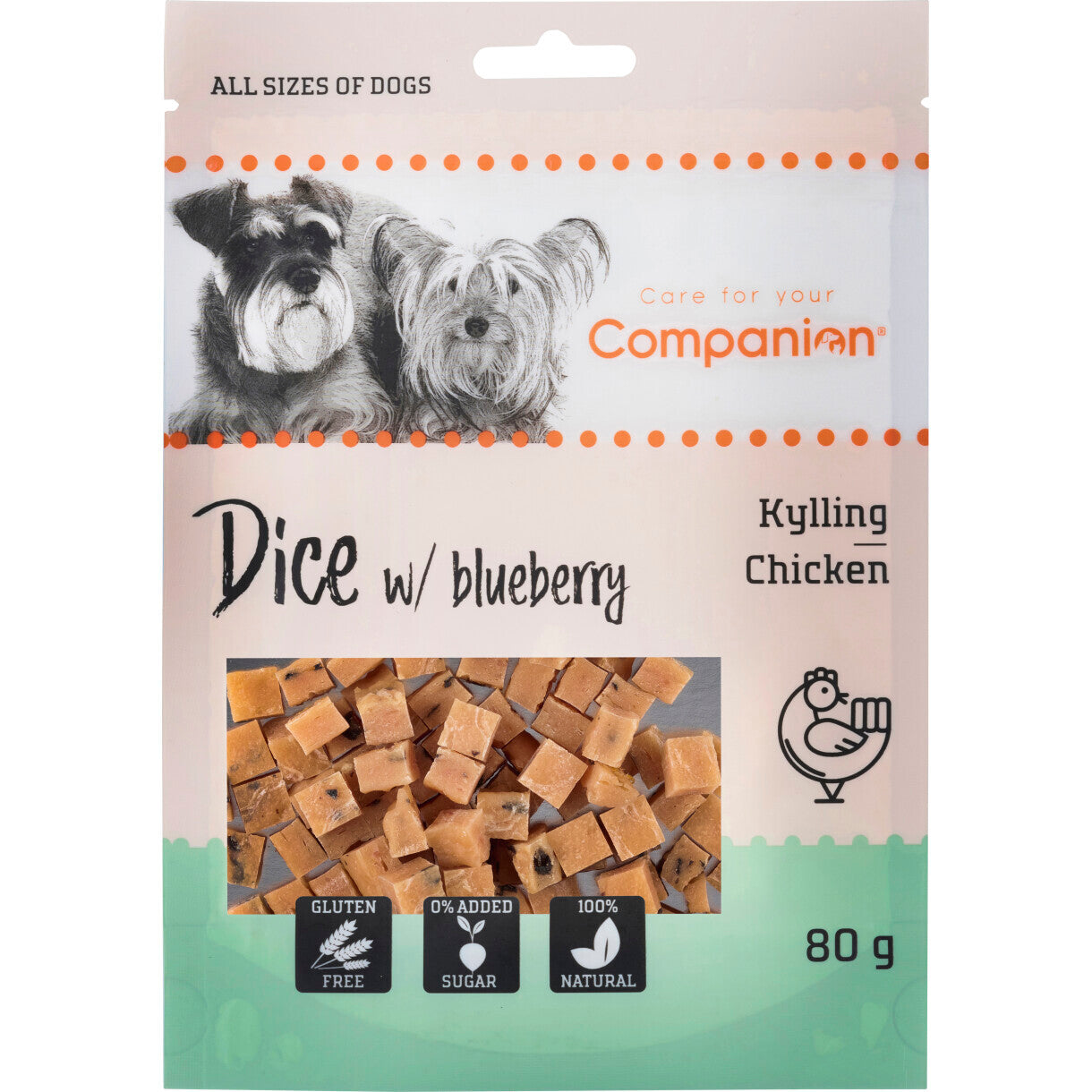 80 g Companion hundesnack med kyllinge tern med blåbær - sukker- og glutenfri