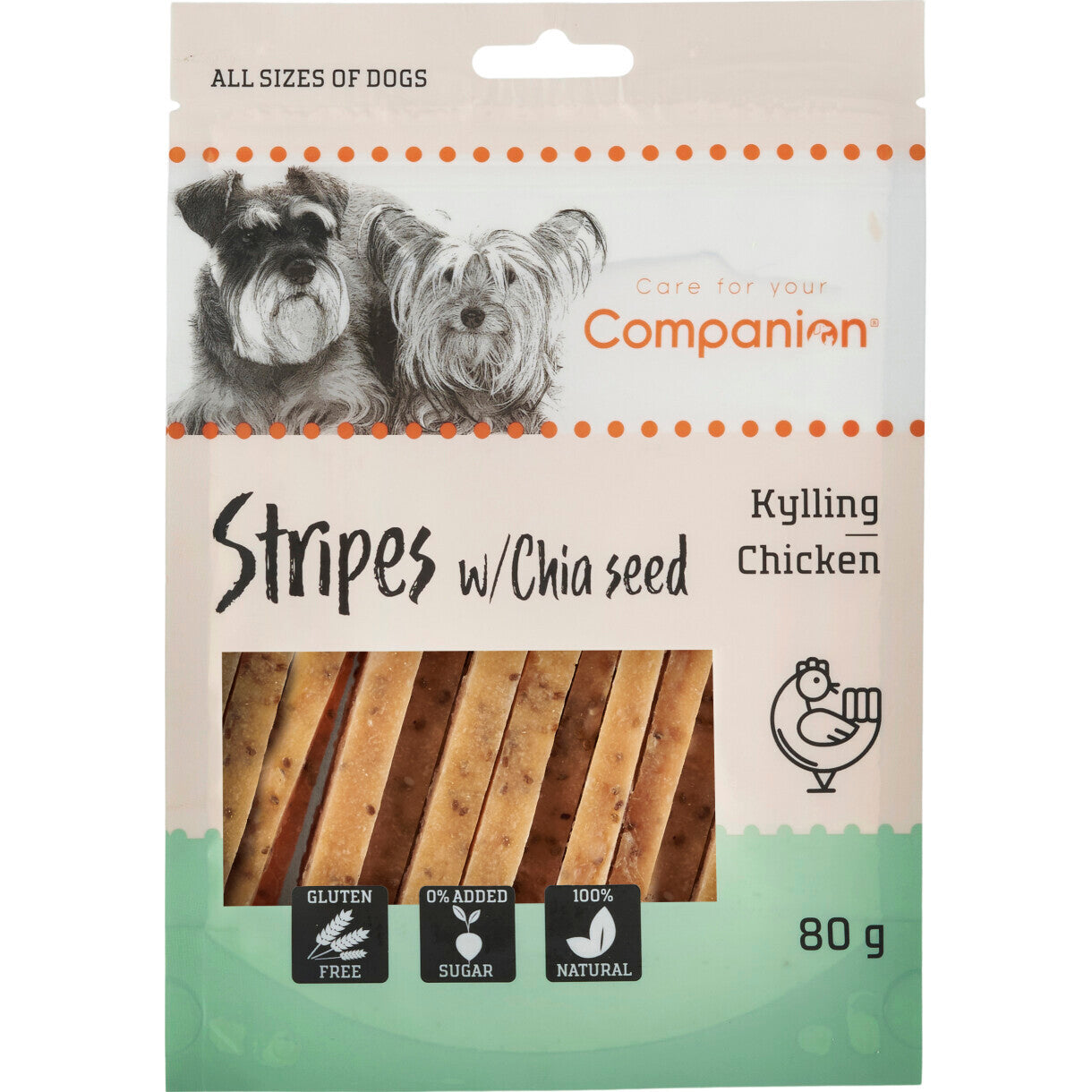 80 g Companion hundesnack kyllinge striber med chia frø - sukker- og glutenfri