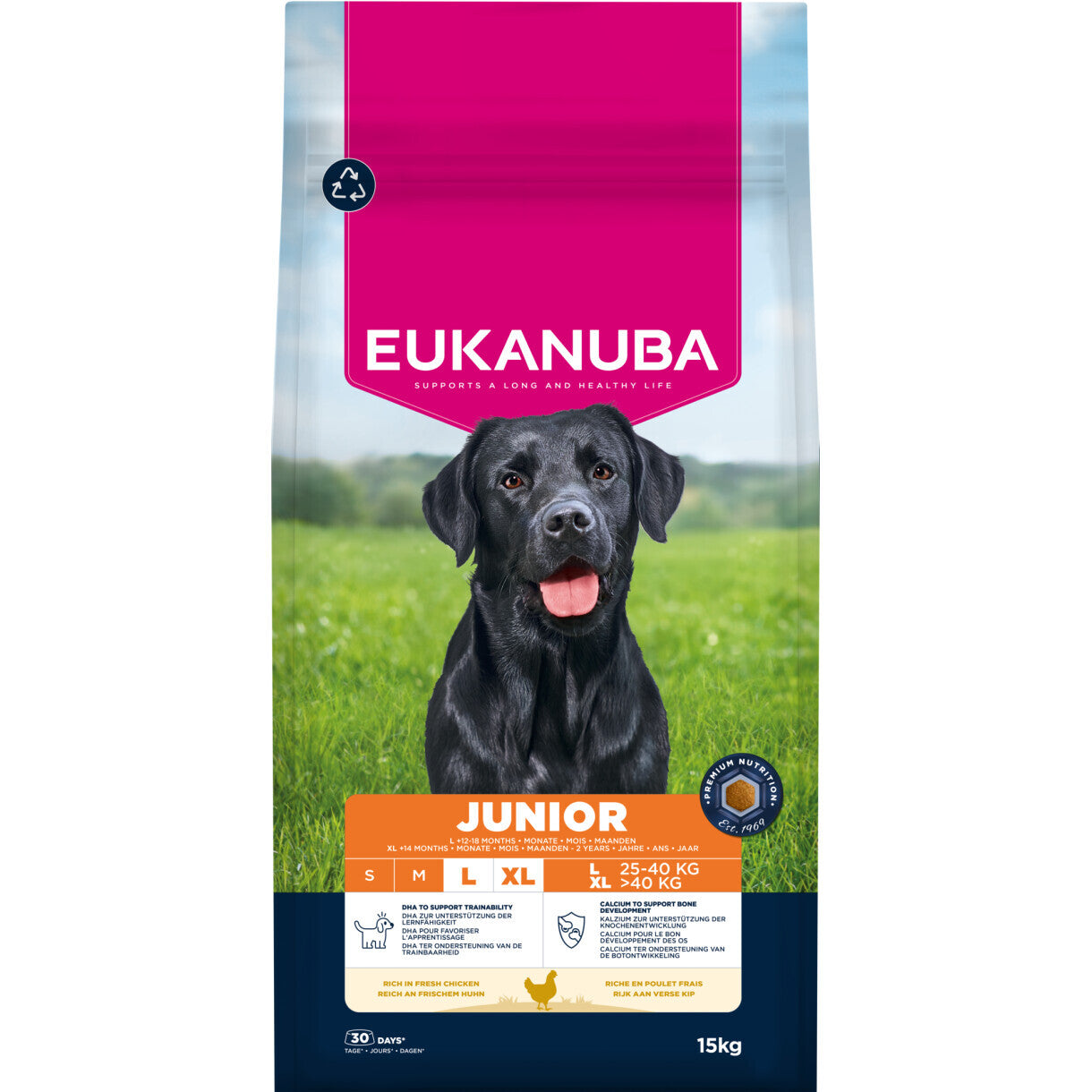 15 kg Eukanuba Junior og hvalpefoder med kylling Large Breed