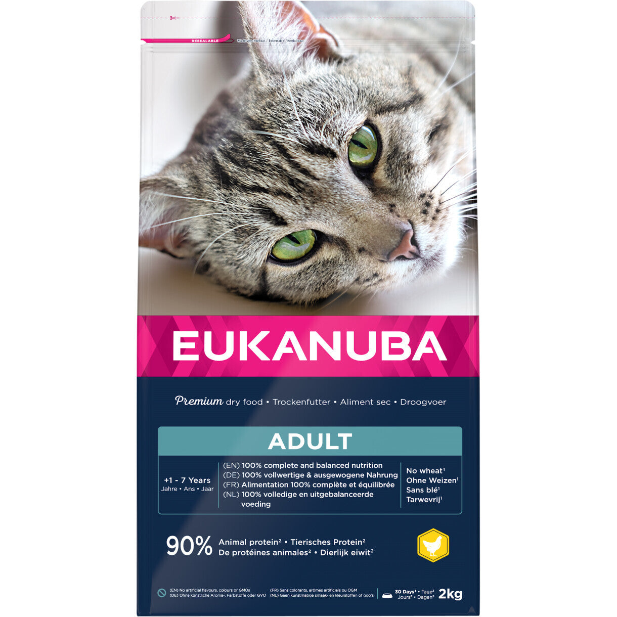2 kg Eukanuba kattefoder til voksne katte med kylling og kakun fra 1 til 11 år