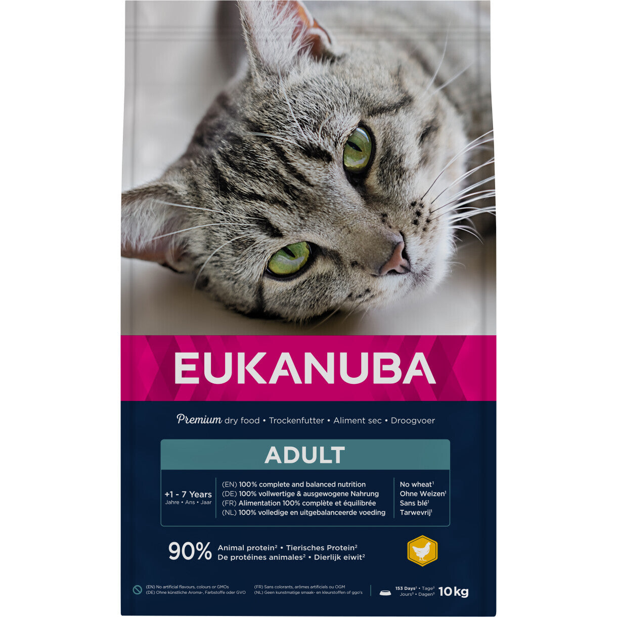 10 kg Eukanuba kattefoder til voksne katte med kylling og kakun fra 1 til 11 år