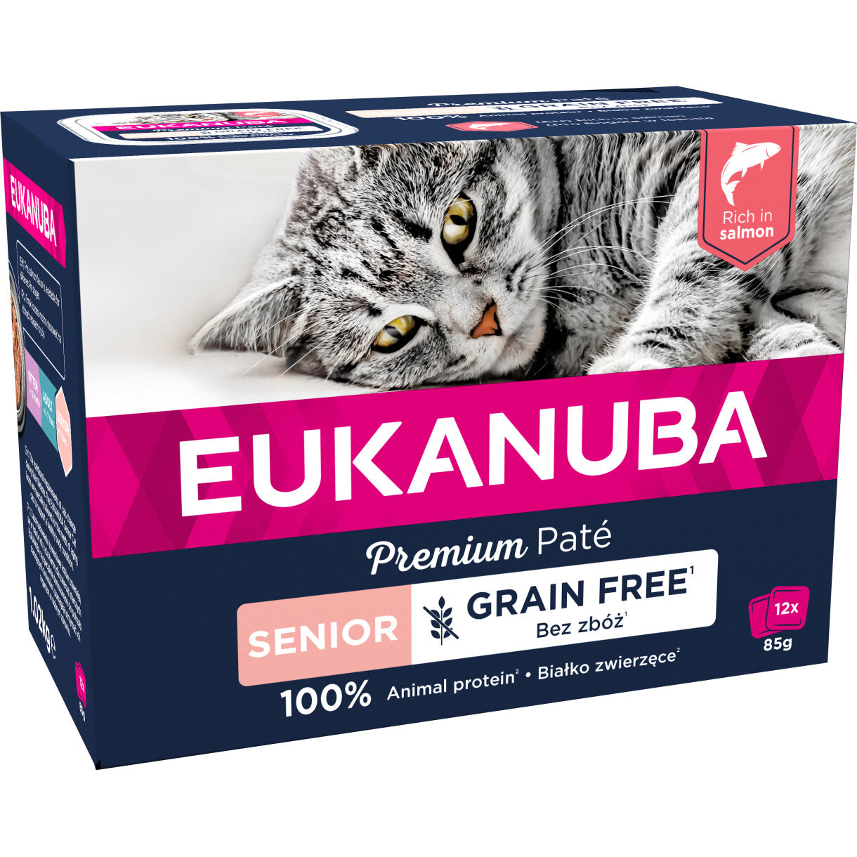 12 stk x 85 g Eukanuba senior kattevådfoder med laks - kornfrit