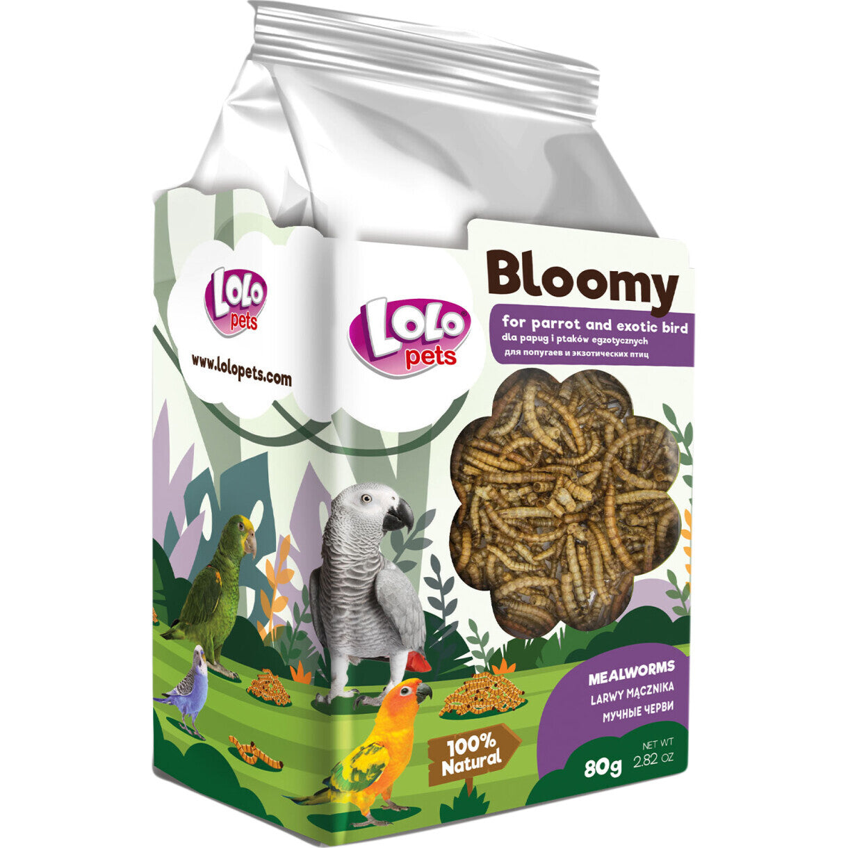Lolo Bloomy snack med melorms larver til papegøjer og små eksotiske fugle 80 gr