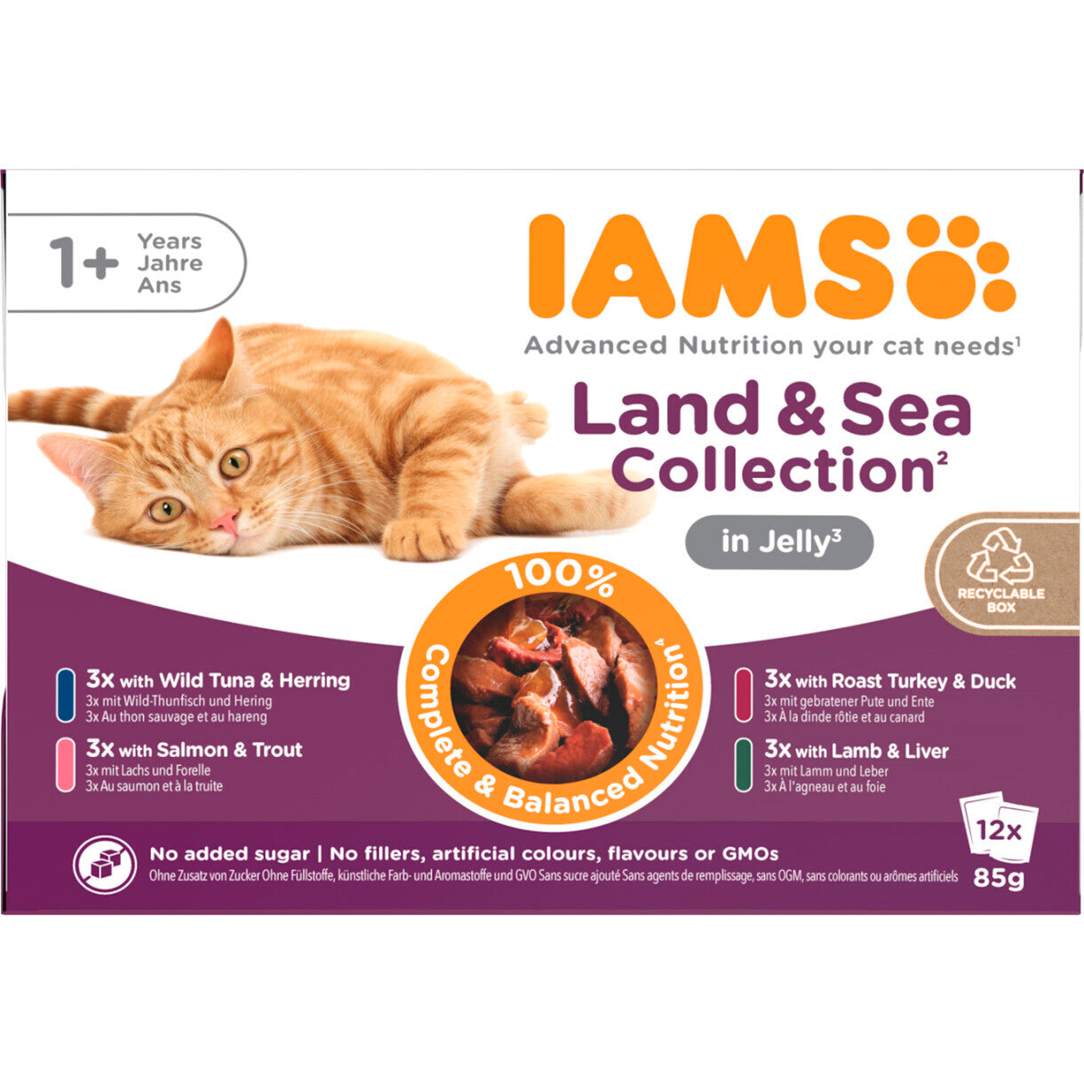 12 x 85 gr Iams DELIGHT katte vådfoder - Kød og fisk i gele - menukasse