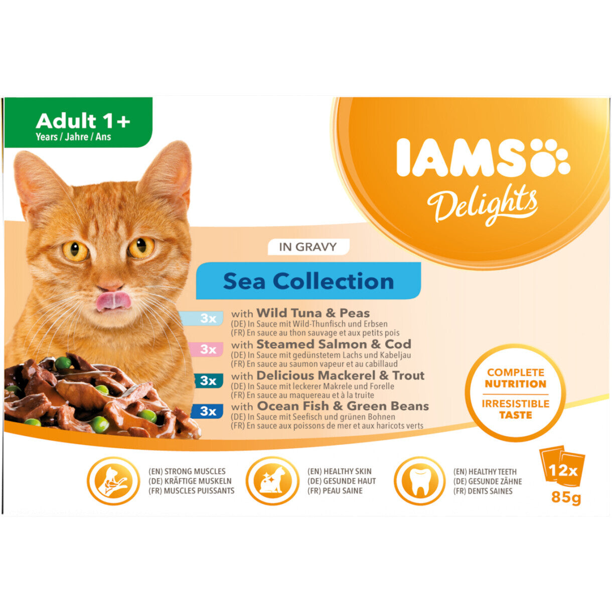 12 x 85 gr Iams DELIGHT katte vådfoder - Fisk i sovs - menukasse