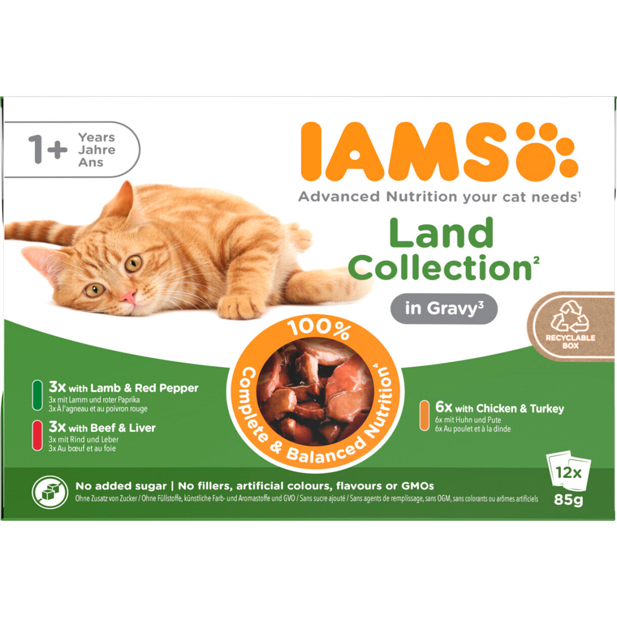 12 x 85 gr Iams DELIGHT katte vådfoder - Kød i sovs - menukasse