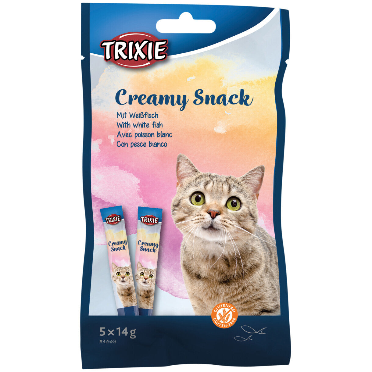 Trixie cremet katte snack med tun og hvid fisk 5 x 14 g - glutenfri