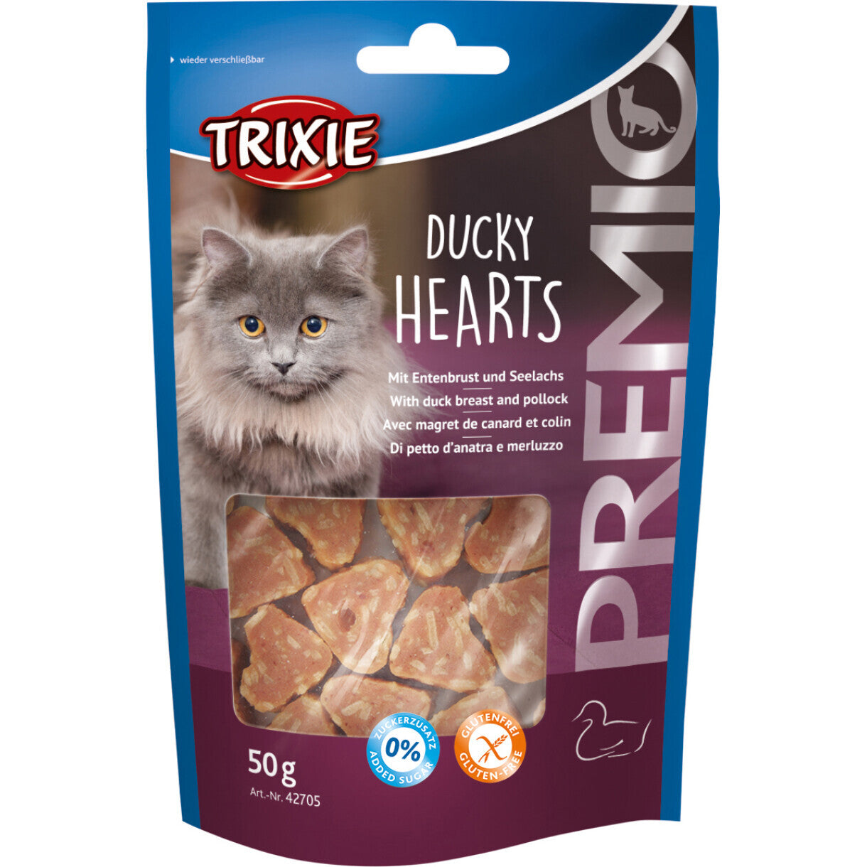 Trixie katte snack hjerte formet Andebryst og Sejfisk 50 g - gluten og sukkerfri