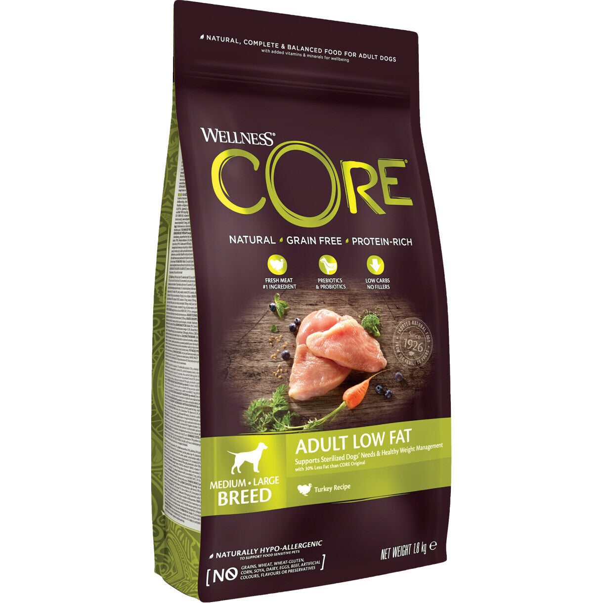 1,8 kg CORE LOW FAT hundefoder Adult medium - Large Breed med Kalkun og kylling - kornfrit