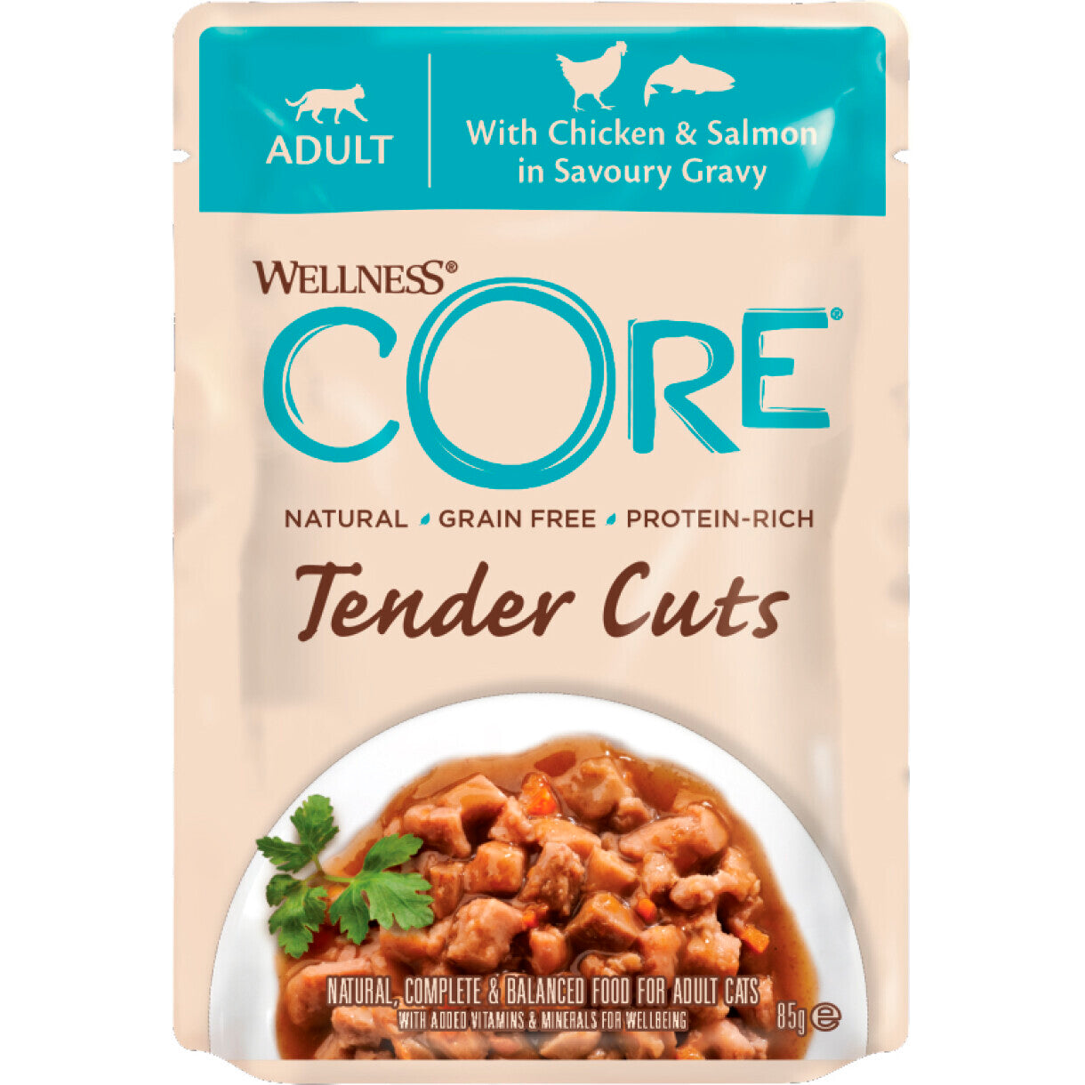 85 gr CORE kattevåd foder med kylling og laks i sovs - kornfri