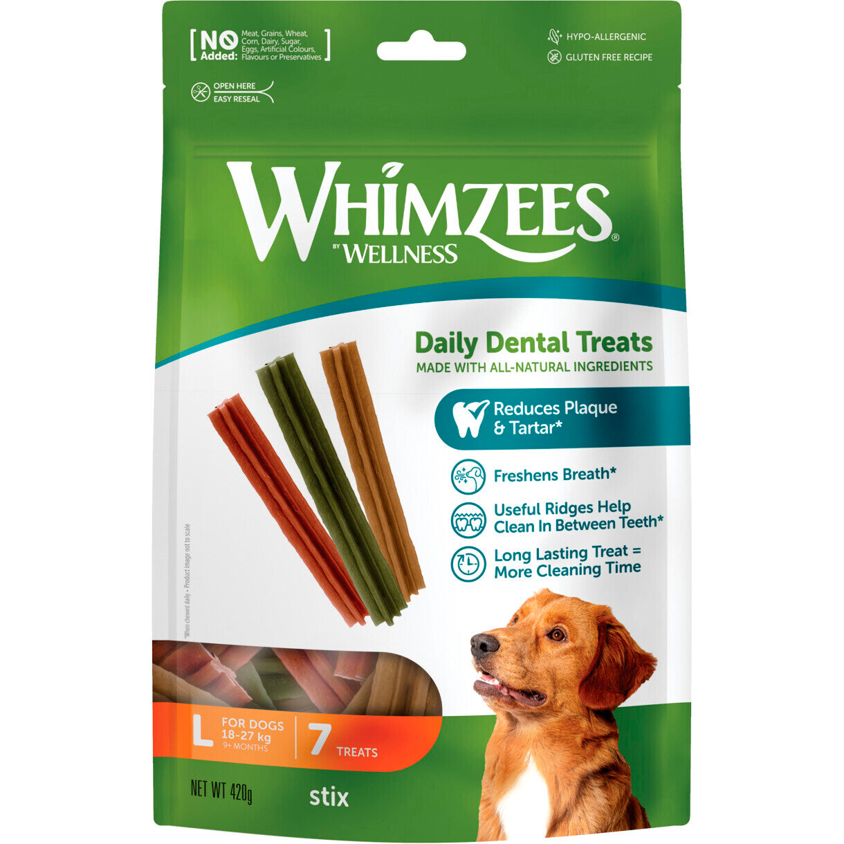 7 stk Whimzees Denta Soft Stix Large til store hunde fra 18 til 27 kg - 420 g pose